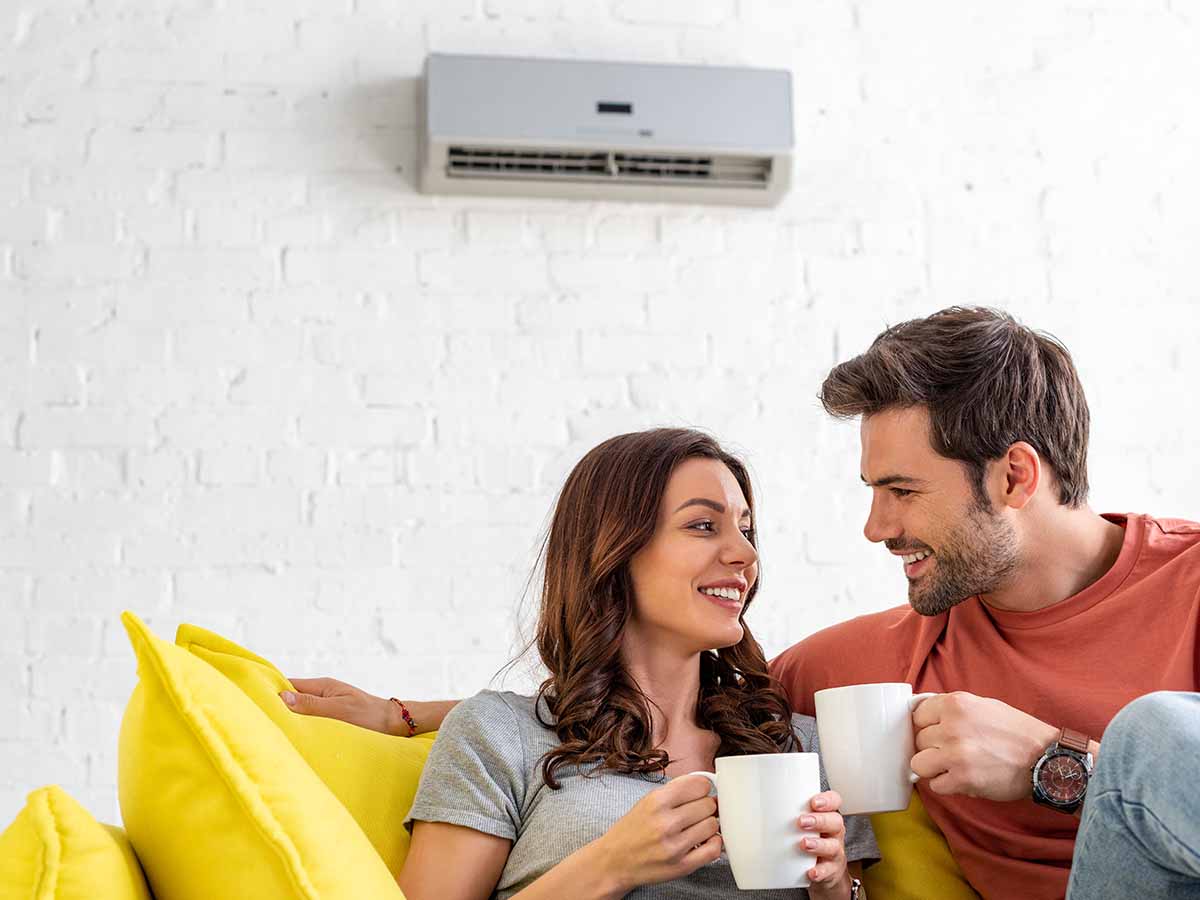 Anderson-Air-Of-Franklin-Home-HVAC-Mini-Split-happy-couple-with-cups-sitting-on-sofa-under-minisplit-air-conditioner
